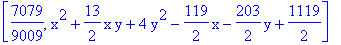 [7079/9009, x^2+13/2*x*y+4*y^2-119/2*x-203/2*y+1119/2]